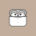 White wireless earbuds in a charging case are illustrated against a light brown Royalty Free Stock Photo