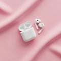 Wireless earbuds and an open charging case are placed on soft pink Royalty Free Stock Photo