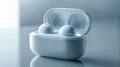 White wireless earbuds in a sleek case on a reflective surface. Royalty Free Stock Photo