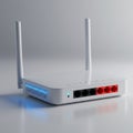 White wireless router with two antennas. Front panel features blue indicator lights an Royalty Free Stock Photo