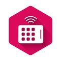 White Wireless tablet icon isolated with long shadow. Internet of things concept with wireless connection. Pink hexagon Royalty Free Stock Photo