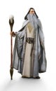 A white wizard with staff posing on an isolated white background .