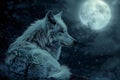 White wolf on the background of the moon in the night forest Royalty Free Stock Photo