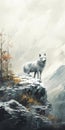 White Wolf On Cliff: Realistic Speedpainting In Lively Nature Scene