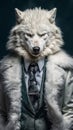 White wolf dressed in an elegant suit with a nice tie