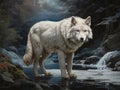 a white wolf in the moonlight by some water and rocks Royalty Free Stock Photo
