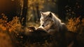 White wolf reading a book in the autumn forest. The concept of reading and education Royalty Free Stock Photo