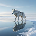 White wolf standing on reflective ice with its reflection arctic Royalty Free Stock Photo