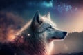 a white wolf staring at the stars in the night sky with a mountain in the background and a full moon in the sky behind it Royalty Free Stock Photo