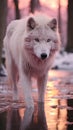 A white wolf is walking in the water, AI Royalty Free Stock Photo