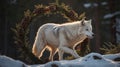 White Wolf Walking on Snowy Ground Surrounded by Evergreen and Pinecone Wreath Royalty Free Stock Photo