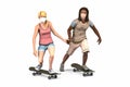 White woman and black man in dreadlocks are riding skateboards.