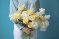 white woman bouquet hand romantic floral sweater trendy yellow flower blue. Generative AI. Royalty Free Stock Photo