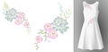 White woman dress 3d realistic mock up floral embroidery fashion decoration. Flower succulent ranunculus eucalyptus patch neckline