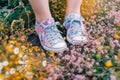 white woman lifestyle female flowers sneakers green spring casual grass fashion. Generative AI. Royalty Free Stock Photo
