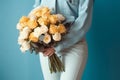 blue woman sweater white romantic hand floral yellow flower nature bouquet. Generative AI. Royalty Free Stock Photo