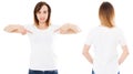 White woman in white t-shirt set isolated, blank, logo, empty Royalty Free Stock Photo
