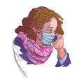 White woman wearing medical protection face mask and speaking on the phone. Painted sketch, isolated on a white Royalty Free Stock Photo