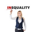 White woman wrote marker word inequality