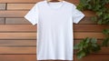 A white women\'s cotton t-shirt mockup is elegantly displayed on a wooden background, AI generated