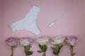 White women`s panties and hygienic tampon on a pink background
