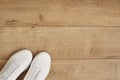 White women sneakers on a wooden background. Flat lay of modern white shoes. Overhead top view photography. Fitness and healthy, s