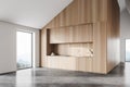 White and wood attic kitchen corner with counters