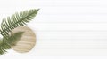 White wood background fern leaves and circle wooden plate