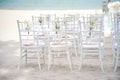 A group of white chiavari chairs on the sand for beach wedding preparation, cones of roses petals - back side view