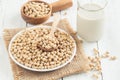 White wood floor cup with soybean,soybeans in white bowl with wooden spoon on table wooden Royalty Free Stock Photo