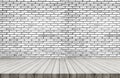 White wood floor, with white brick wall texture background Royalty Free Stock Photo