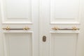 White wood front door with golden retro handles and keyhole closeup Royalty Free Stock Photo