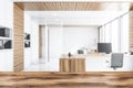 White and wood manager office with bookcase, blur