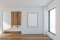 White and wood minimalistic bedroom with poster Royalty Free Stock Photo