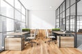 White and wood panoramic space with four office desks