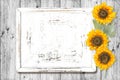 White wood sign board sunflowers decoration Rustic wooden texture background