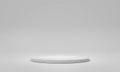 White wood stage podium background. Mockup of empty circular platform on white. Abstract geometric pedestal. 3D rendering