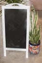 White wood standing sign surrounded by plants with blank chalkboard for copy