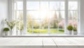 White wood table with large spring window and copy space