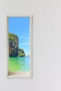 White wood wall window with sea beach view. Royalty Free Stock Photo