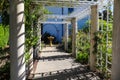 A white wooden awning in the garden covered with lush green plants and colorful flowers with stone pillars and a water fountain Royalty Free Stock Photo