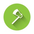 White Wooden axe icon isolated with long shadow background. Lumberjack axe. Green circle button. Vector Royalty Free Stock Photo