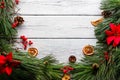 White wooden table background with Christmas decoration border