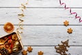 Old white wooden table background with Christmas decorations