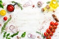 White wooden background of cooking. Vegetables and Ingredients. Top view. Royalty Free Stock Photo