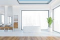 White and wooden bathroom with bathtub and two sinks near window Royalty Free Stock Photo