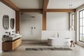 White and wooden bathroom with tub, sinks and shower Royalty Free Stock Photo