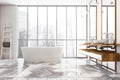 White and wooden bathroom with two sinks and bathtub near window Royalty Free Stock Photo