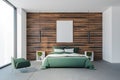 White and wooden bedroom interior with poster Royalty Free Stock Photo