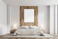 White and wooden bedroom, vertical poster, front Royalty Free Stock Photo